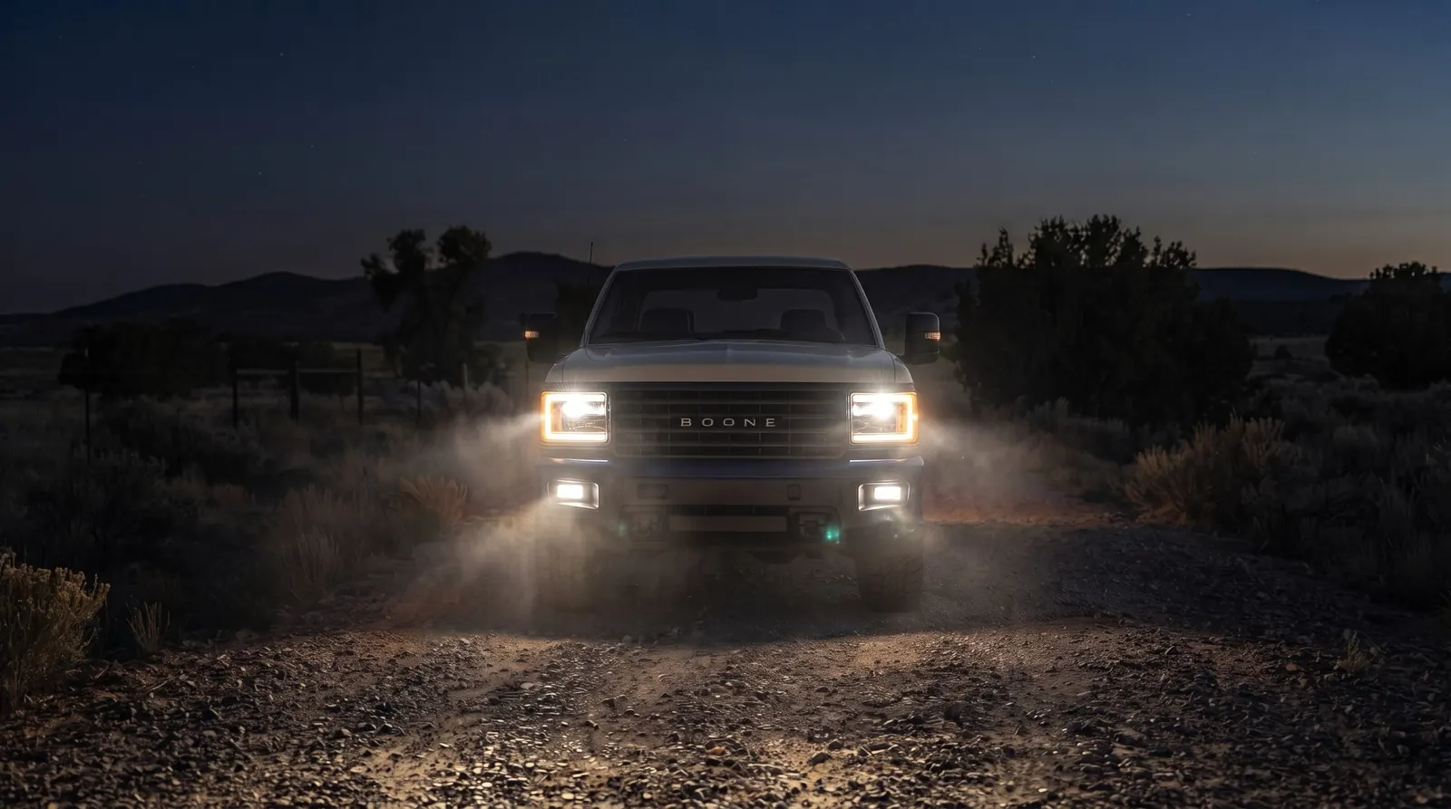 A Boone pickup on a gravel road at night with its headlights on